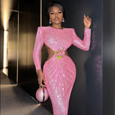 Vestido largo de lentejuelas con aberturas y mangas largas First Kiss